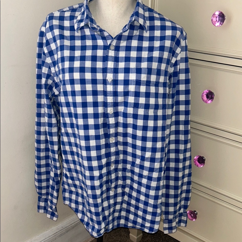 Blue and White Checkered Men's Button Down Shirt Jcrew Oxford